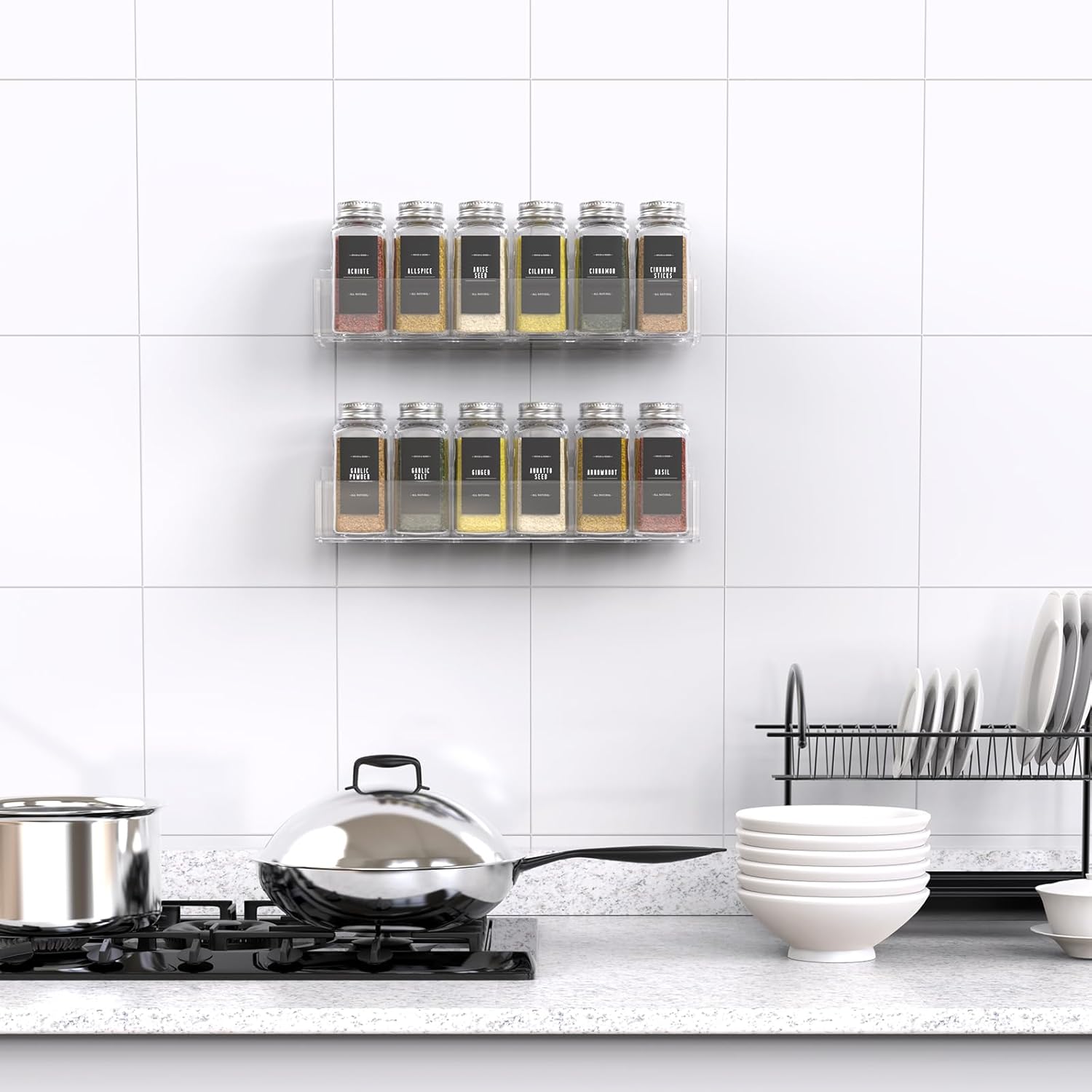 PMMASTO Adhesive Acrylic Spice Rack Organizer with 12 Empty Square Spice Jars, 238 Spice Labels