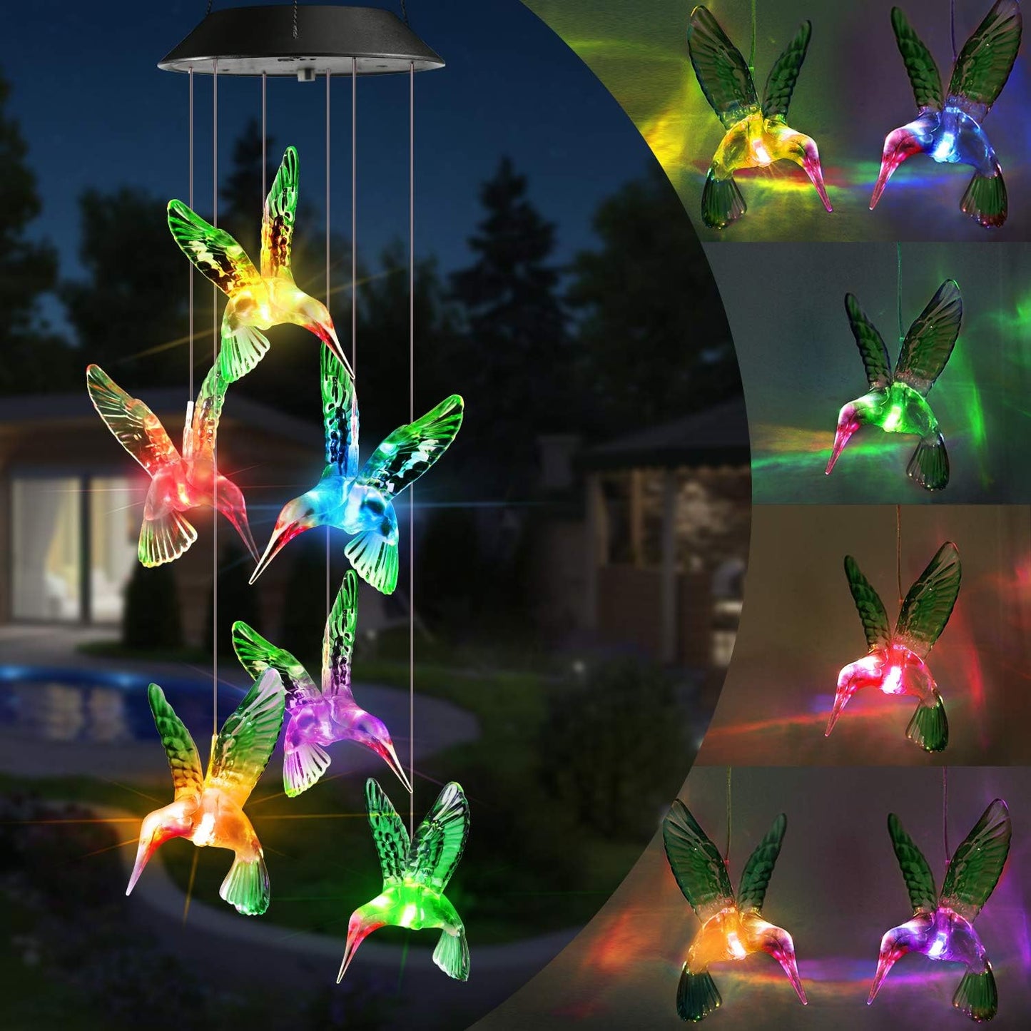 Toodour Solar Wind Chime, Color Changing Wind Chimes Hummingbird, LED Decorative Mobile, Gifts for
