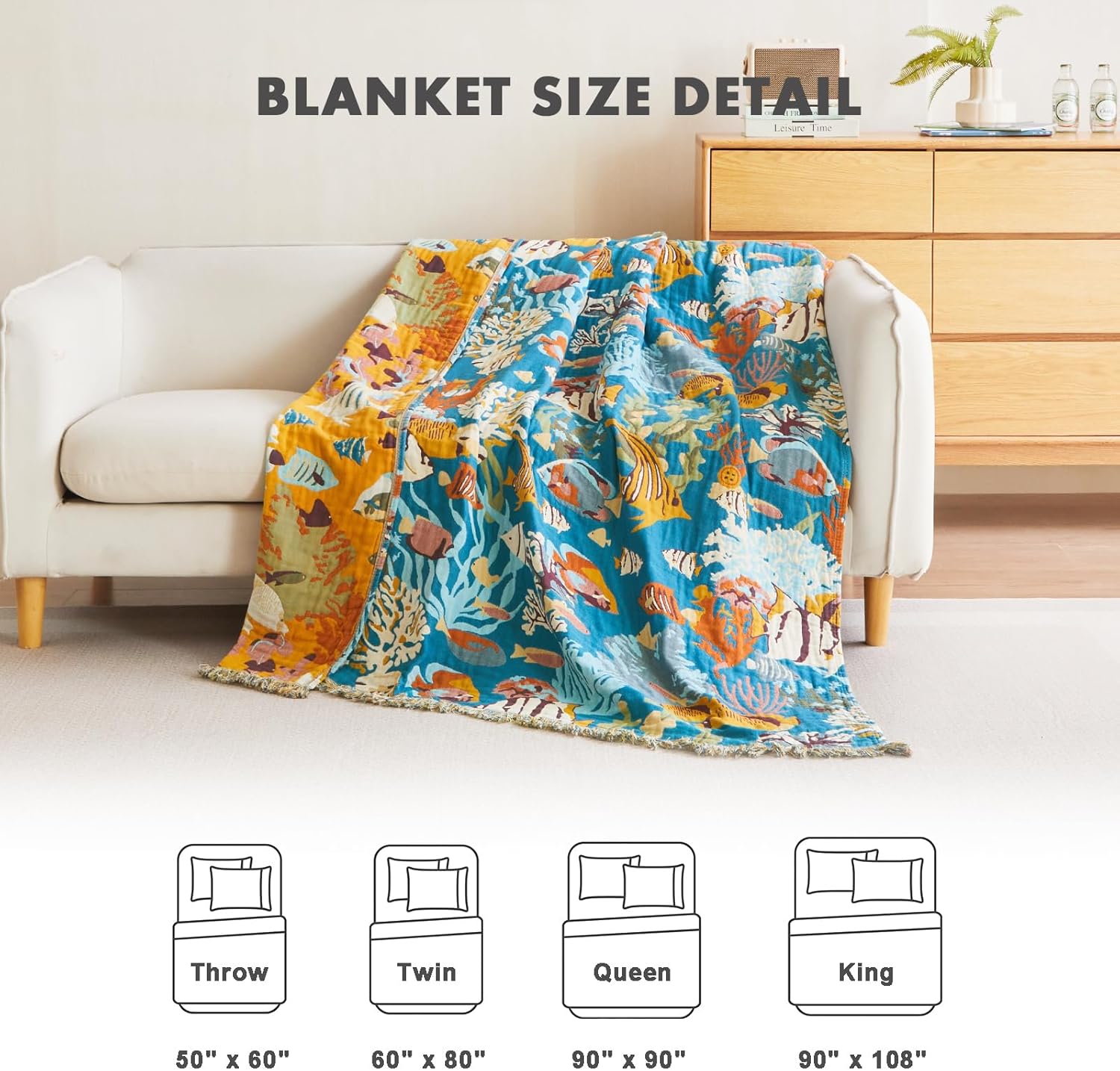 MSGKV Throw Blanket for Couch Bed Cotton Muslin Breathable Cute Ocean Animals Twin Size Blanket