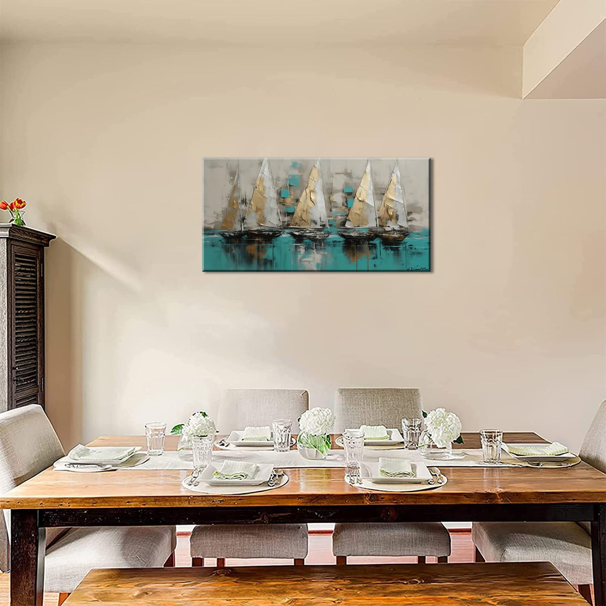 LASMOND Framed canvas wall art Large Boats for living room Nature bedroom Decor Ocean landscape