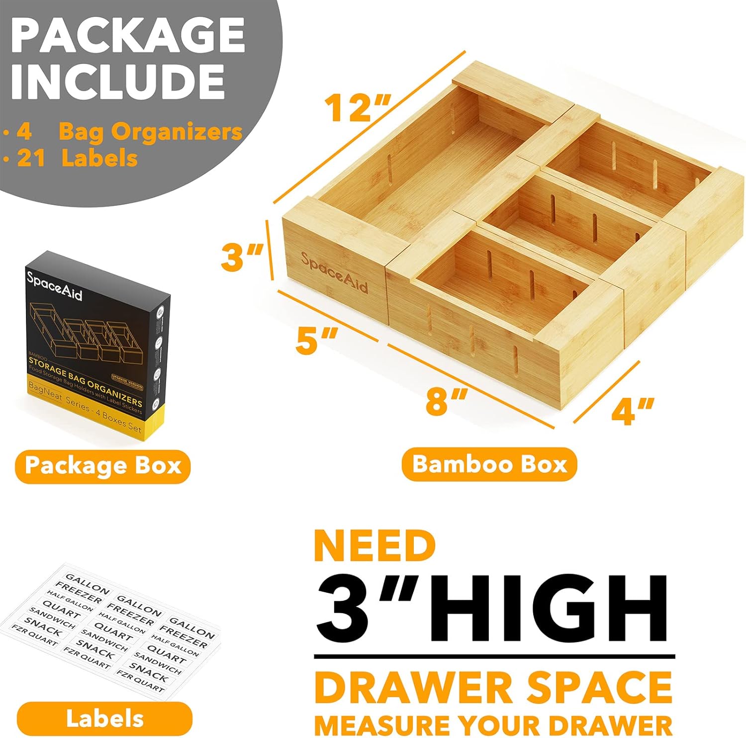 SpaceAid Bag Storage Organizer for Kitchen Drawer, Bamboo Organizer, Compatible with Gallon, Quart