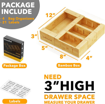 SpaceAid Bag Storage Organizer for Kitchen Drawer, Bamboo Organizer, Compatible with Gallon, Quart