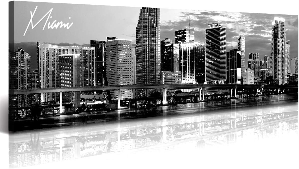 DJSYLIFE Miami Skyline Wall Art Decor Panoramic Cityscape Picture Modern USA City Night View Canvas