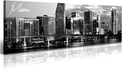 DJSYLIFE Miami Skyline Wall Art Decor Panoramic Cityscape Picture Modern USA City Night View Canvas