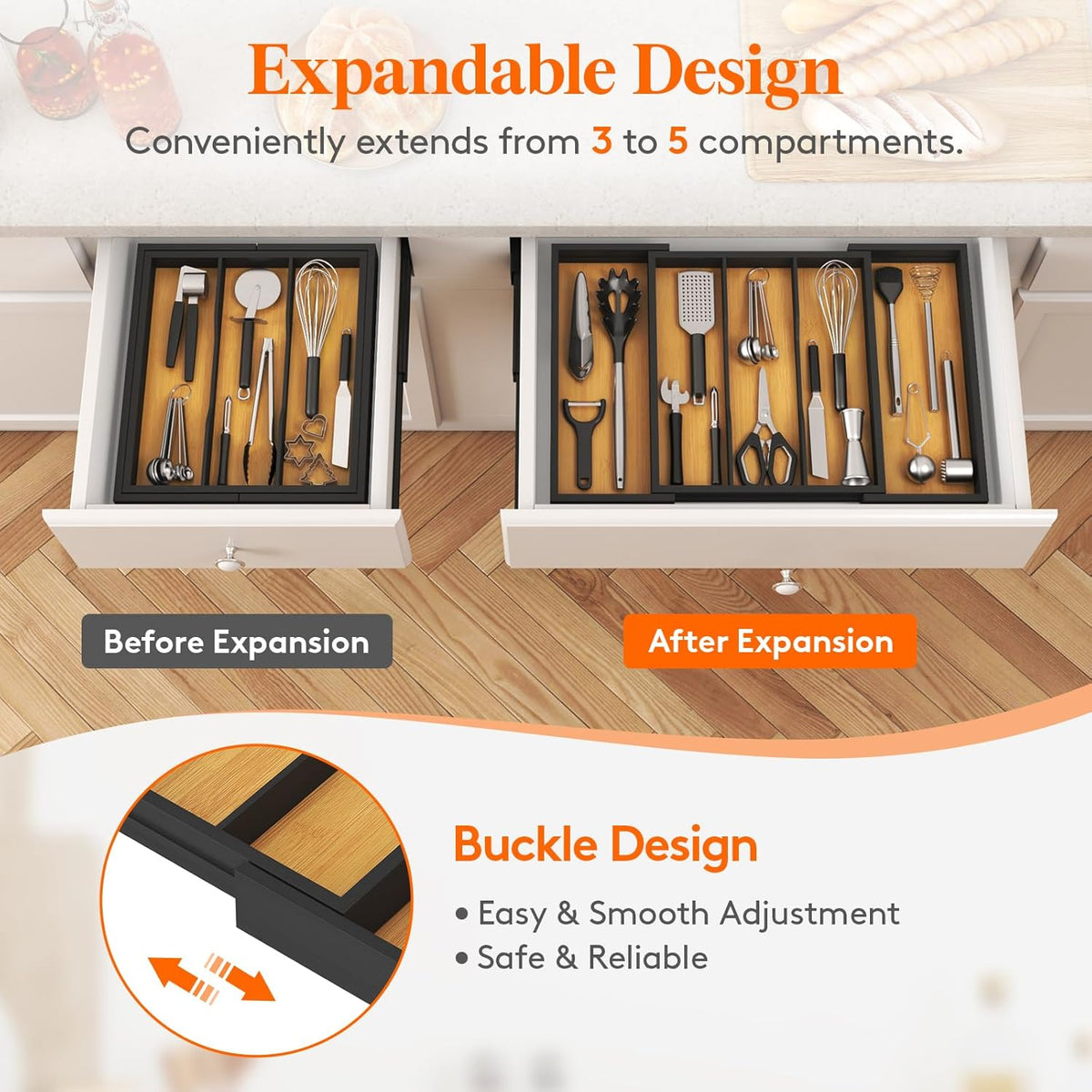 Lifewit Utensil Organizer for Kitchen Drawer, Bamboo Cooking Utensil Tray, Expandable Cutlery