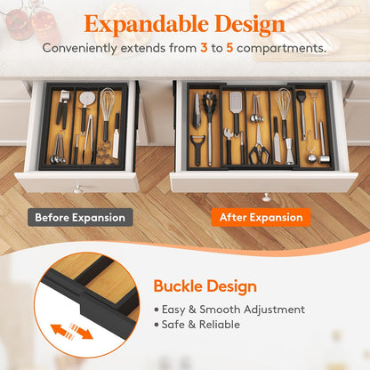 Lifewit Utensil Organizer for Kitchen Drawer, Bamboo Cooking Utensil Tray, Expandable Cutlery