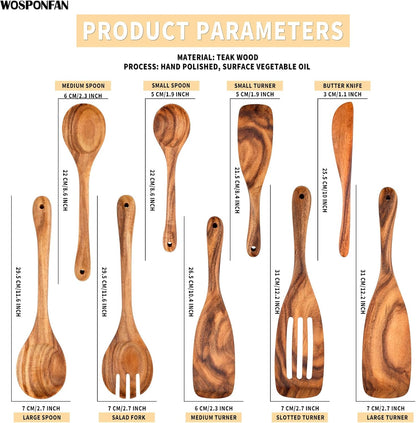 Wooden Cooking Utensils Set, 9 PCS Teak Wood Spoons, Spatula, Slotted Spoon, Handmade Modern