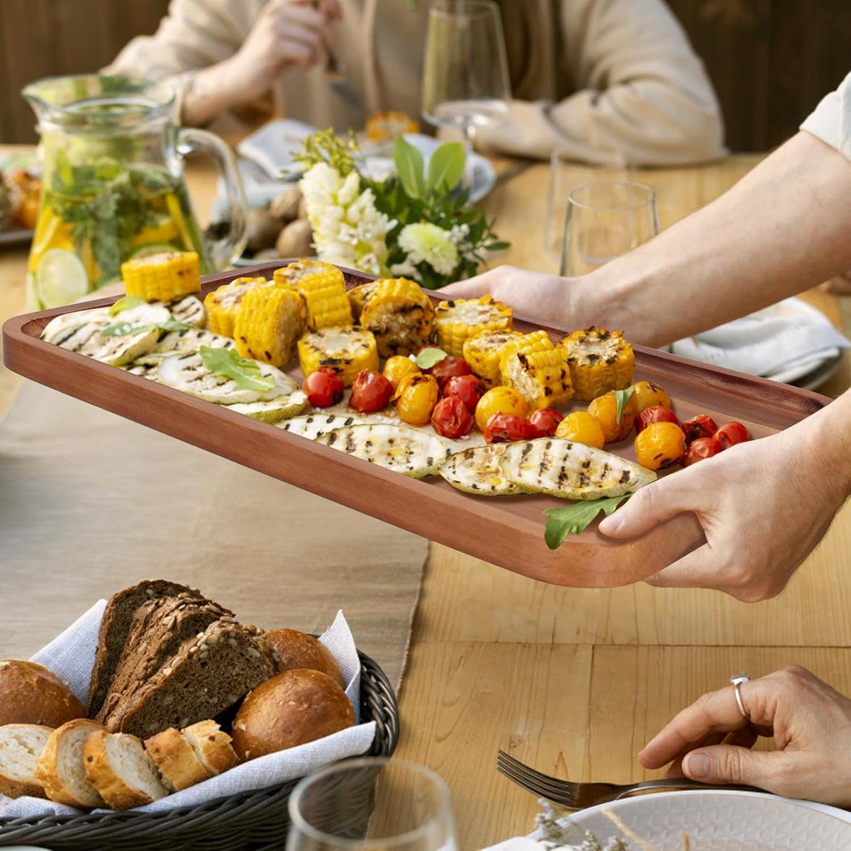 Large Wood Serving Trays Decor Long Charcuterie Cheese Boards Acacia Rectangle Wooden Platters for