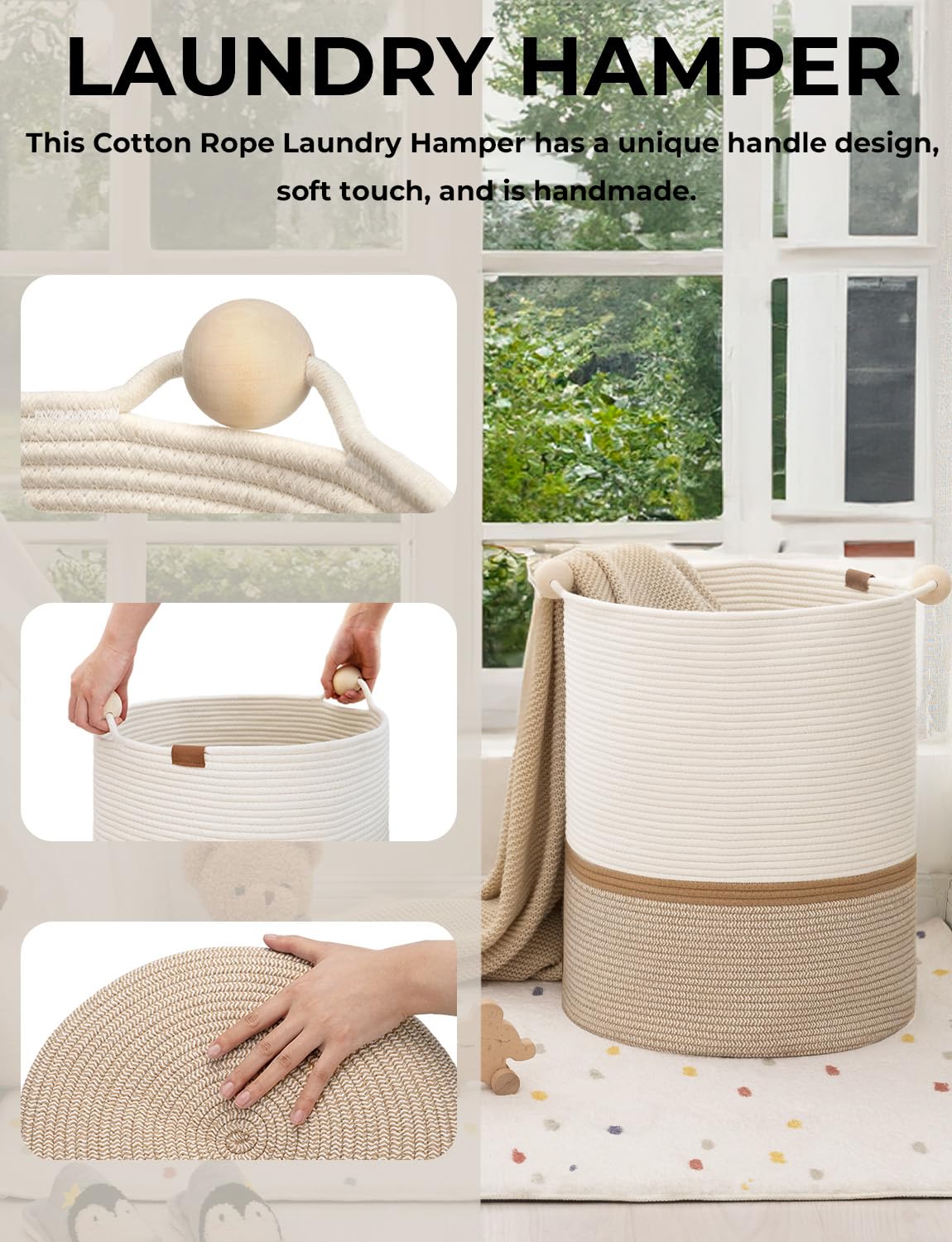 StorageWorks 58L Cotton Rope Laundry Basket with Wooden Beads Handles, Woven Basket for Storage