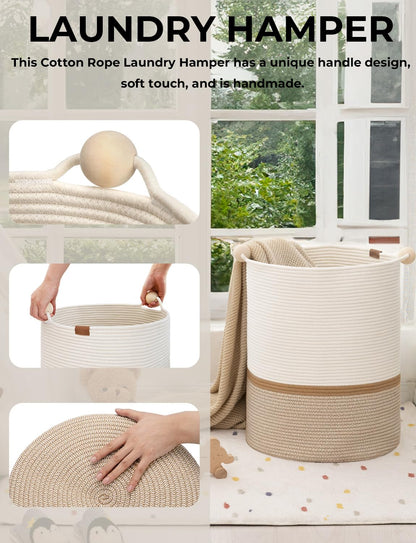 StorageWorks 58L Cotton Rope Laundry Basket with Wooden Beads Handles, Woven Basket for Storage