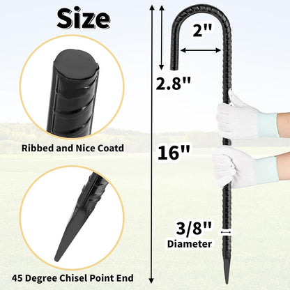 16 Inches 24-Pack J Hook Rebar Stakes Heavy Duty Tent Stakes with Chisel Point End, Steel Ground