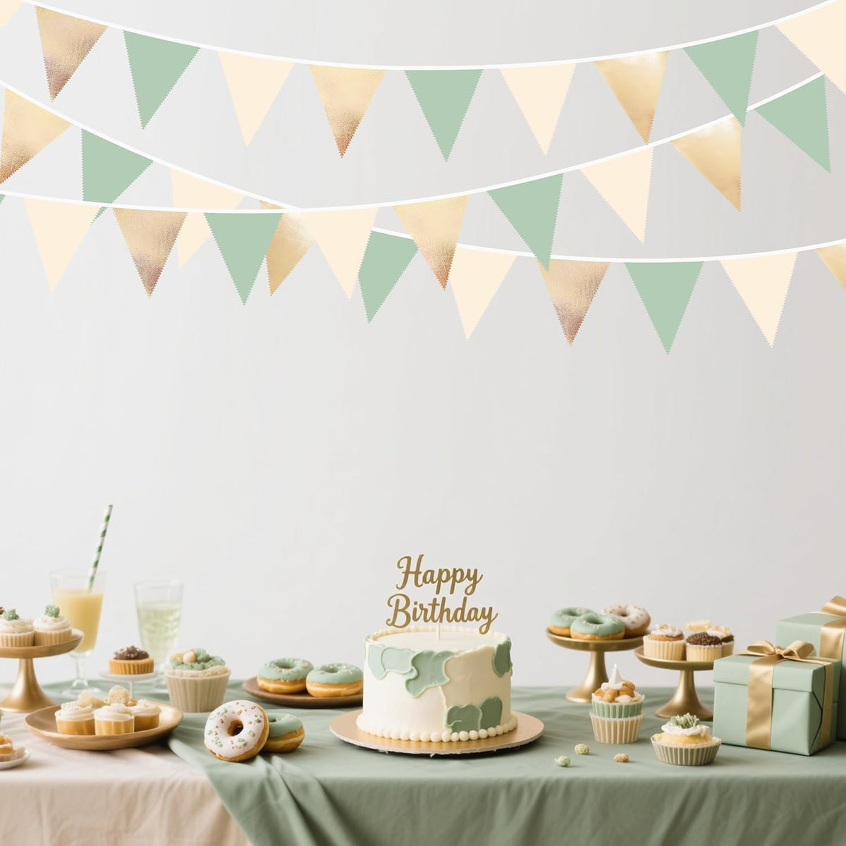 Sage Green Beige Champagne Gold Party Decorations Metallic Fabric Triangle Pennant Banner Bunting