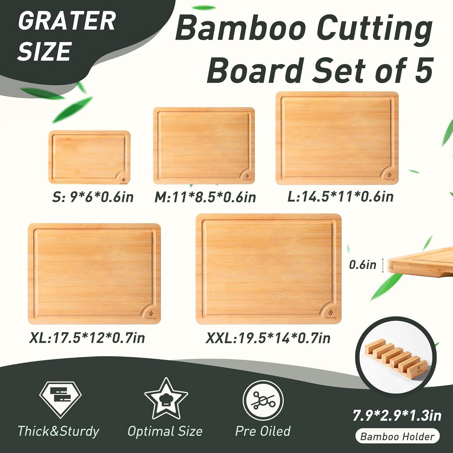 5 Packs Bamboo Cutting Board Set with Non Slip Feet Holder and Over Sink Nice Solid Thick Wood
