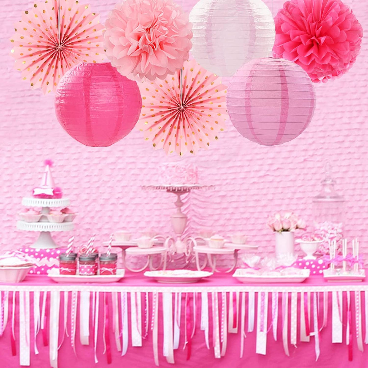 Rose Hot-Pink Party Decorations Streamers - 14pcs Girl Birthday Baby Shower Paper Lanterns