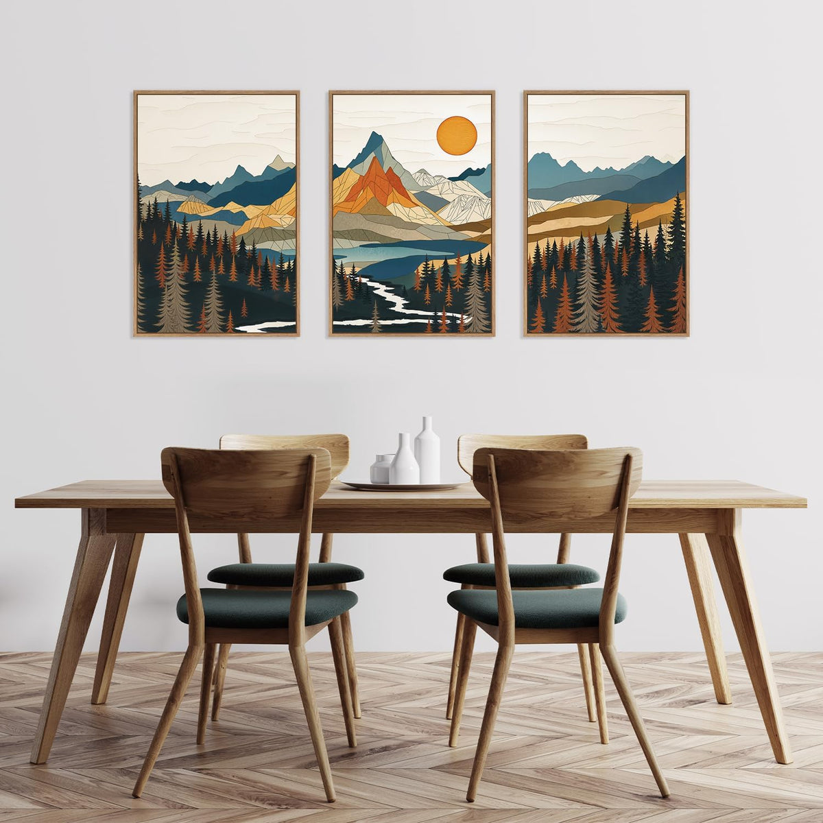 HLNIUC Large Sunset Mountain Framed Wall Art,Boho Forest Pine Tree Canvas Wall Decor Set of