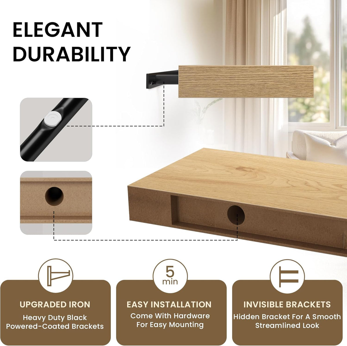 Square Floating Shelves for Wall, 12" W x 12" D x 1.2" H, Small Wooden Wall Mounted Display Shelves