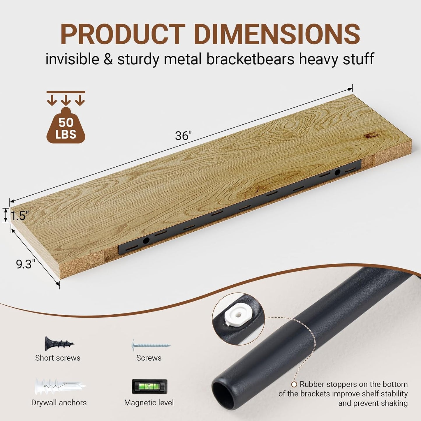 Heimlove Floating Shelves for Wall 36 Inches Long,9.3" Deep Oak Floating Shelf Set of 2,Wall