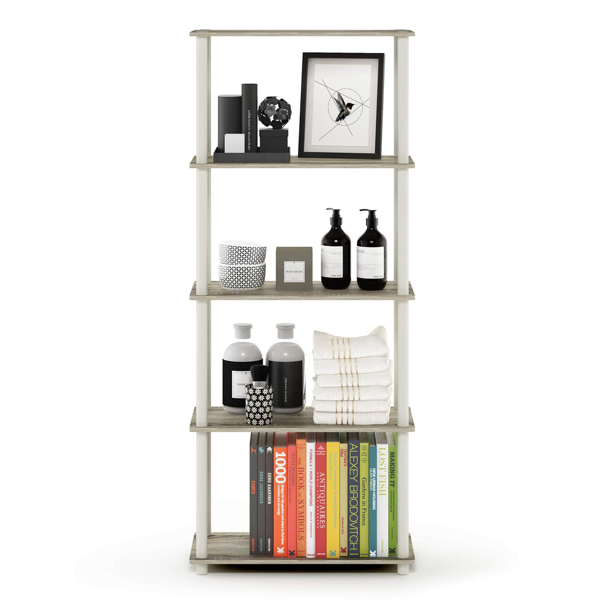 Furinno TURN-N-TUBE Storage Shelves, 5-Tier Book Shelf, Corner Shelf, Toolless Open Shelves, for