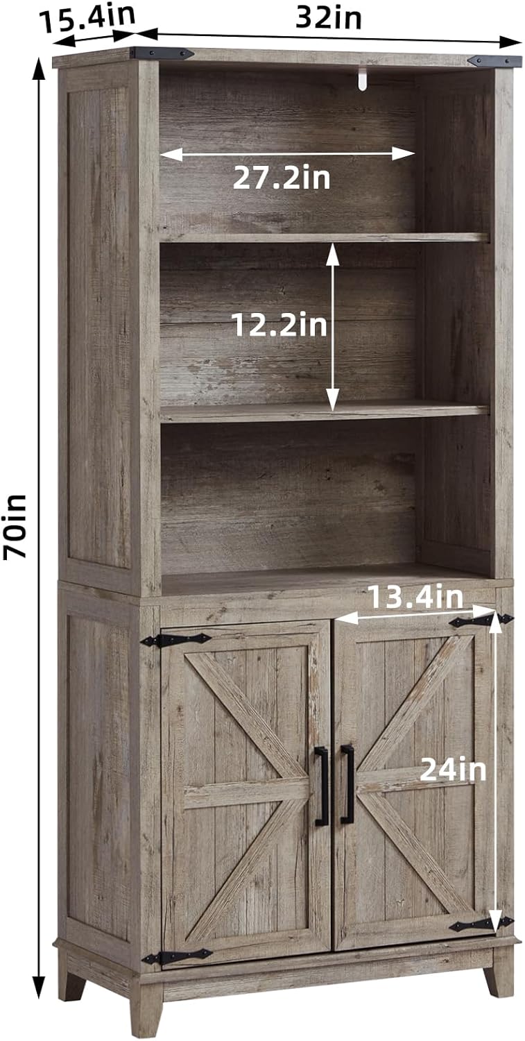 70in Tall Bookshelf 5 Tier Bookcase with Barn Doors and Adjustable Shelves, Grey Farmhouse Book