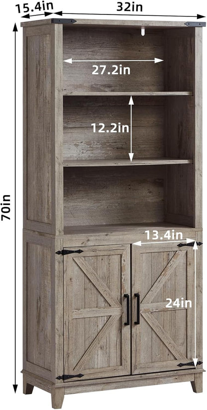 70in Tall Bookshelf 5 Tier Bookcase with Barn Doors and Adjustable Shelves, Grey Farmhouse Book