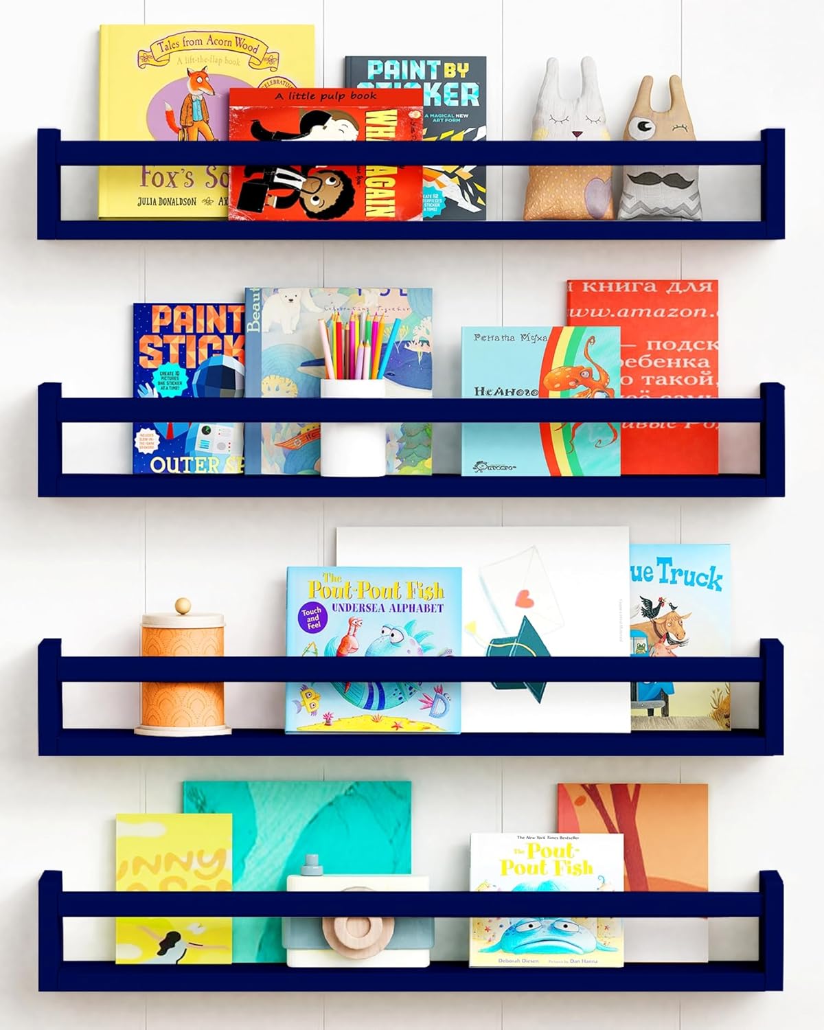 Forbena Wall Book Shelf Organizer for Kids Room Set of 4, Large Floating Book Shelves for Boy