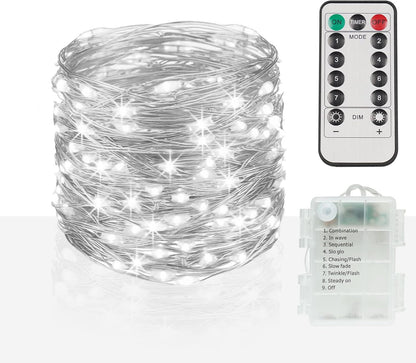 suddus 66ft 200 LED Outdoor String Lights, White Fairy Lights Battery Operated with Remote, Led