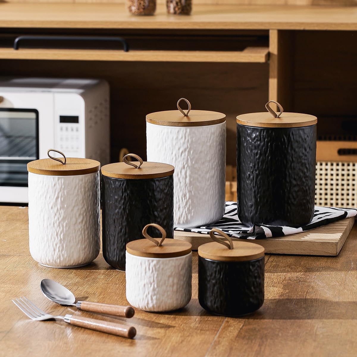 Black White Ceramic Coffee Canister Tea Canister with Seal Wood Lid, Airtight Coffee Storage