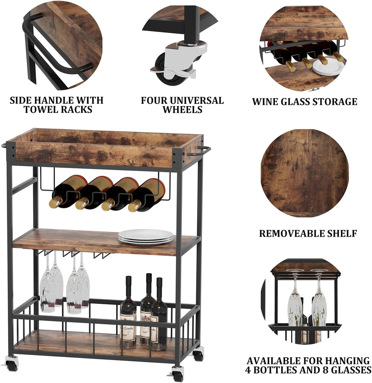 Bar Cart Serving Wine 3 Tier Home Rolling Rack with Wheels Mobile Kitchen Industrial Vintage Style
