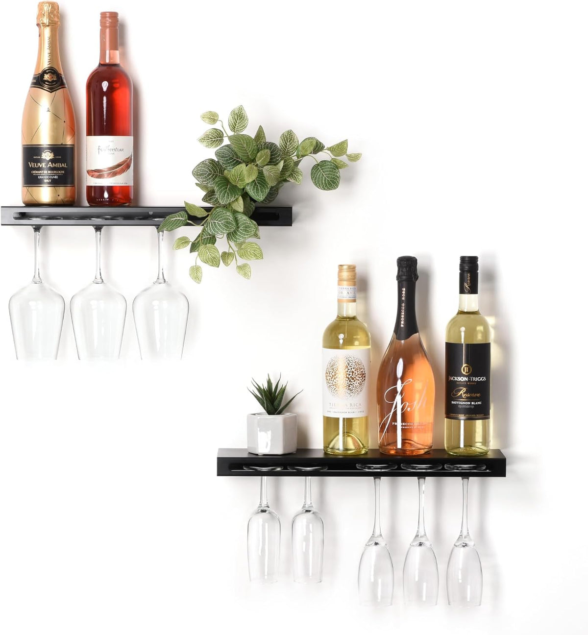 Wall Mounted Wine Rack – Metal Floating Bar Shelf with Bottle and Glass Holder, Holds 5 Bottles and