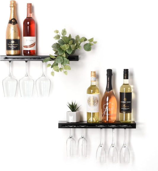 Wall Mounted Wine Rack – Metal Floating Bar Shelf with Bottle and Glass Holder, Holds 5 Bottles and