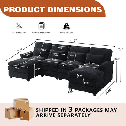 113" Oversized Cloud Couch, U Shape Sectional 4 Seat Sofa with Double Chaises, 2 Layer Cusions