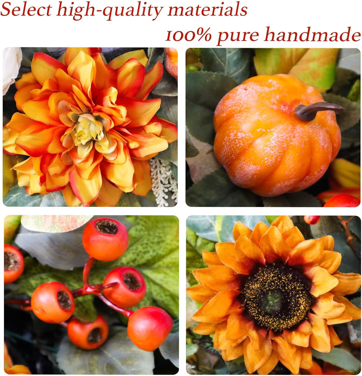 Fall Wreath for Front Door, 24 Inch Autumn Wreath with Pumpkins, Peony, Sunflowers & Dahlias, Fall