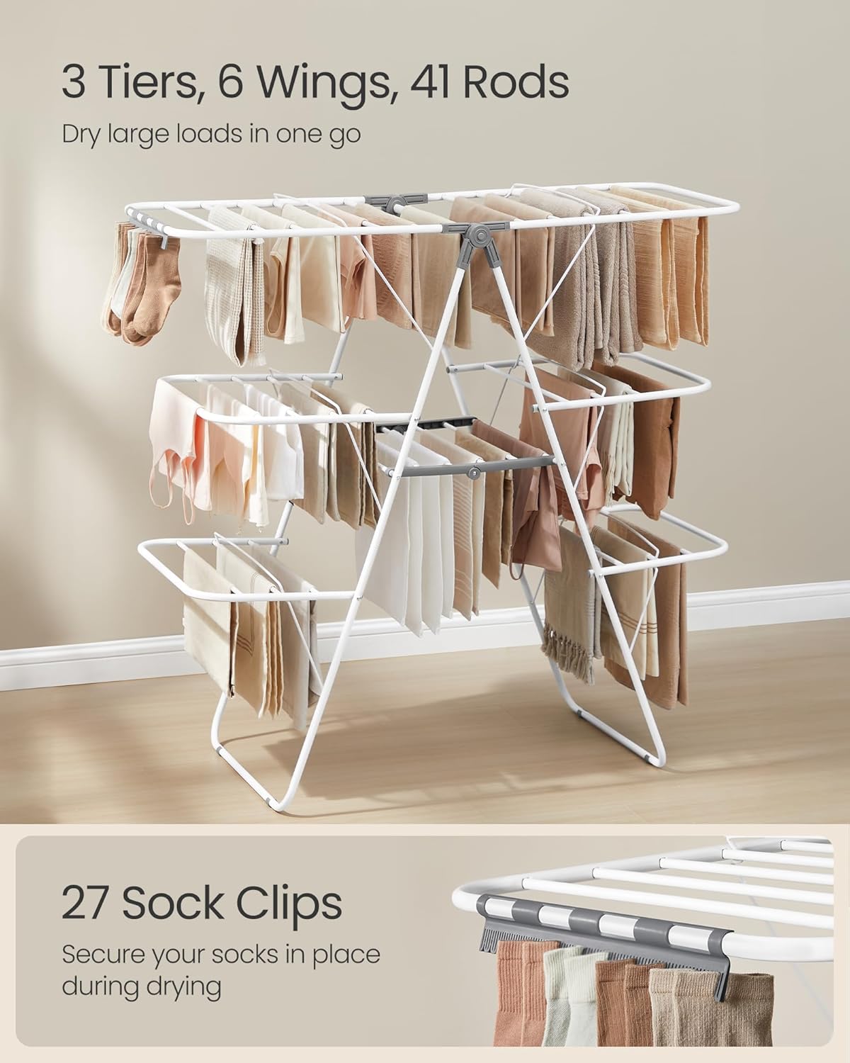 SONGMICS Clothes Drying Rack, Foldable 3-Level Laundry Rack, Free-Standing Large Drying Rack, with