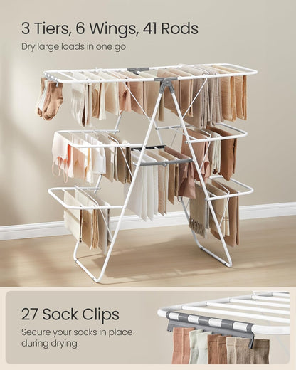 SONGMICS Clothes Drying Rack, Foldable 3-Level Laundry Rack, Free-Standing Large Drying Rack, with
