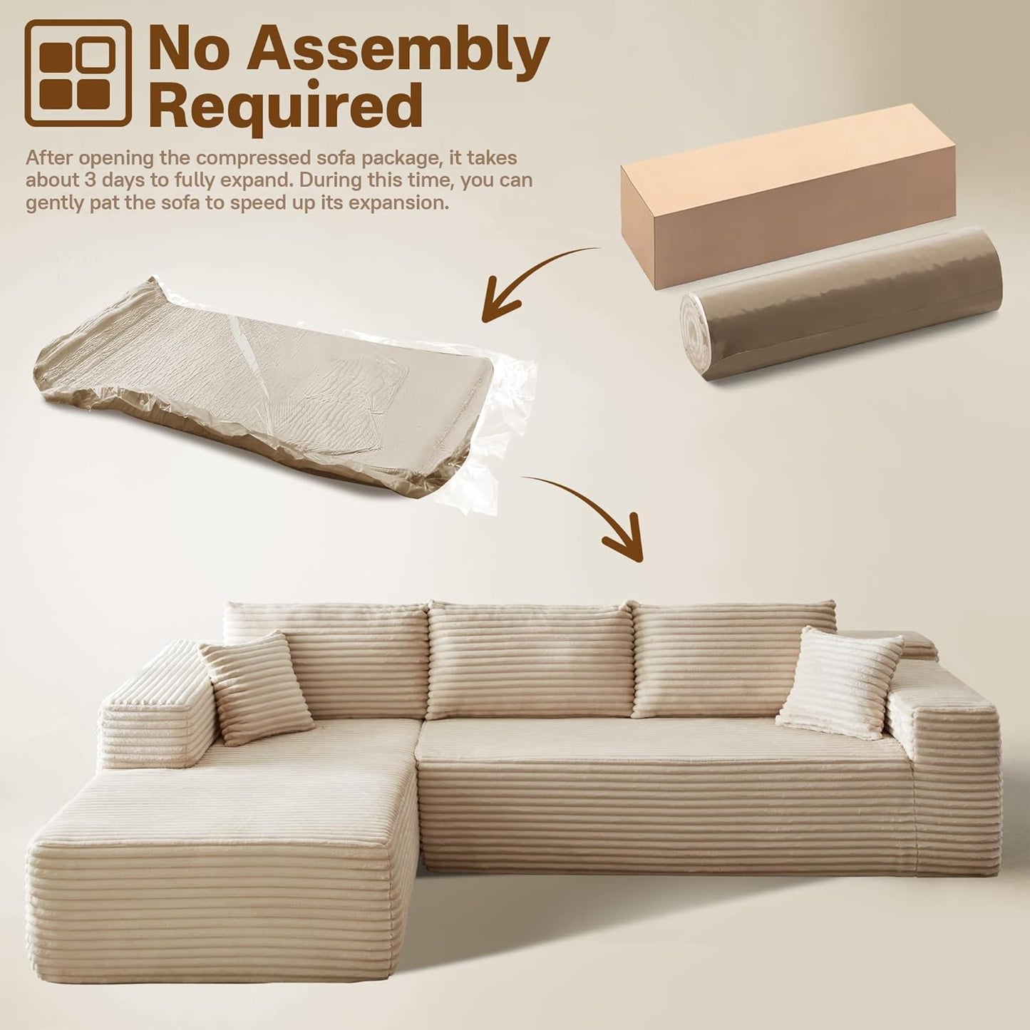 104" Cloud Sectional Couches for Living Room,L Shaped Boneless Couch in A Box,Sleeper Sofa with