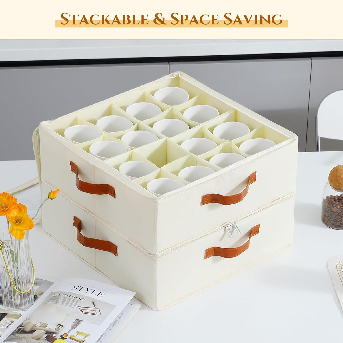 2 Pack Cup and Mug Storage Box with Dividers and Hard Shell, Stackable Coffee Cup Storage Organizer