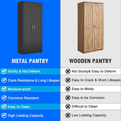 71" Tall Kitchen Pantry Cabinet, Pantry Storage Cabinet with Doors and Shelves, Metal Food Pantry