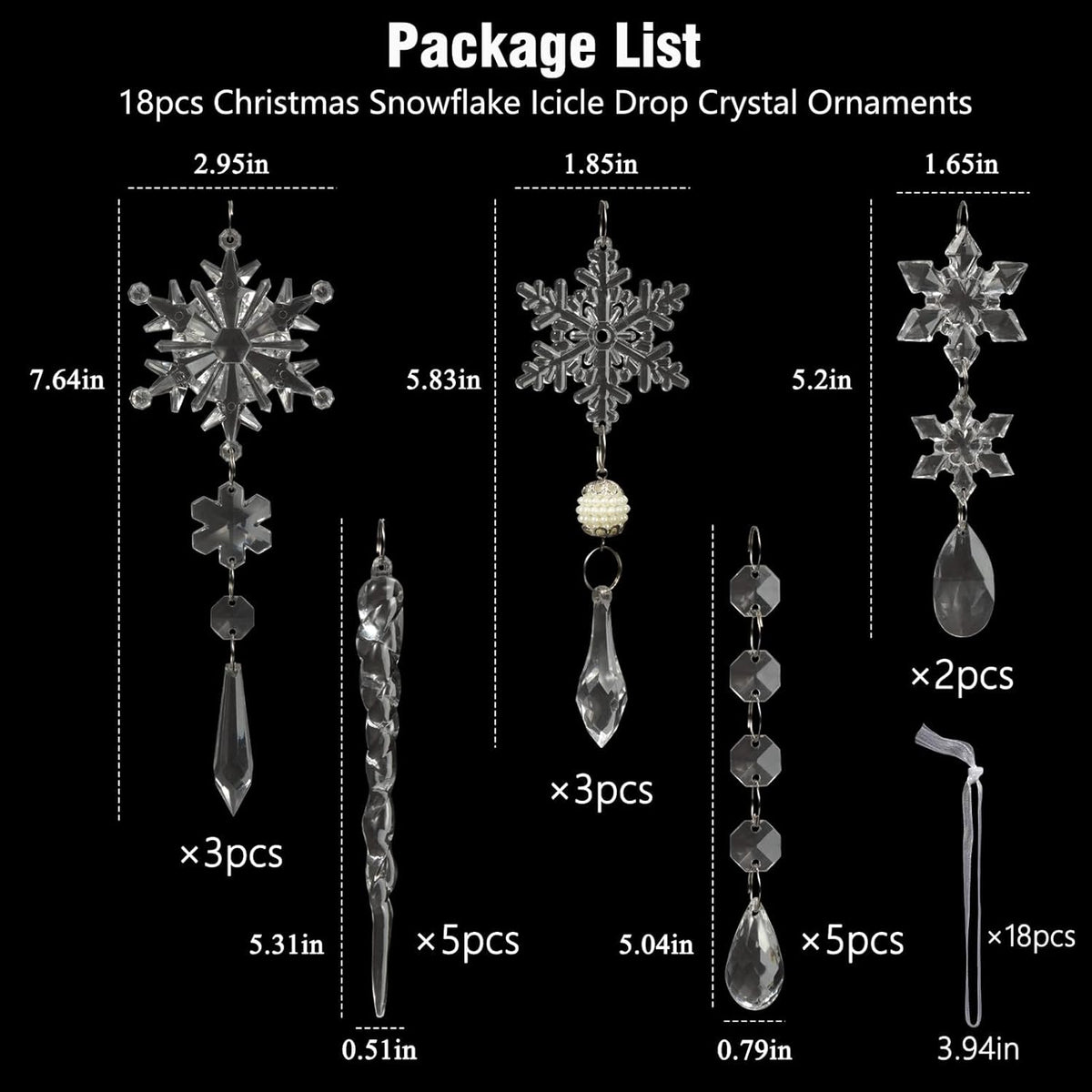 18pcs Christmas Tree Decoration Crystal Ornaments - Hanging Acrylic Christmas Snowflake Icicle Drop