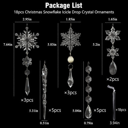 18pcs Christmas Tree Decoration Crystal Ornaments - Hanging Acrylic Christmas Snowflake Icicle Drop