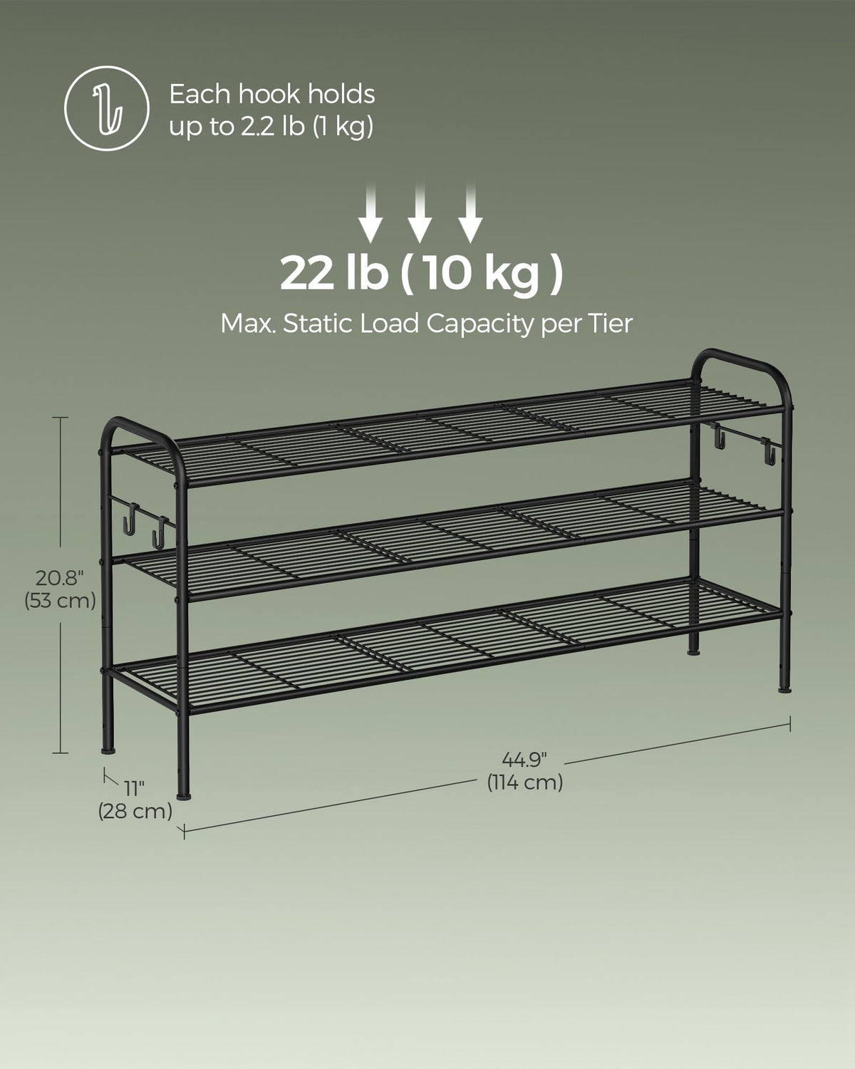 SONGMICS Shoe Rack, 3-Tier Shoe Organizer, Metal Shoe Shelf Storage with 4 Side Hooks, Holds 24