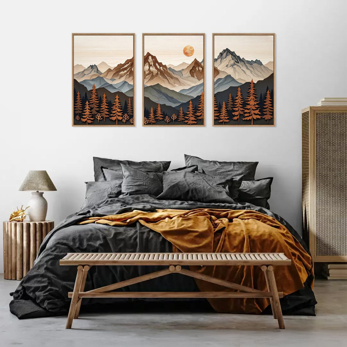 HLNIUC Large Boho Mountain Framed Canvas Wall Art Set,Woodcut Style Mountain Wall Decor,Vintage