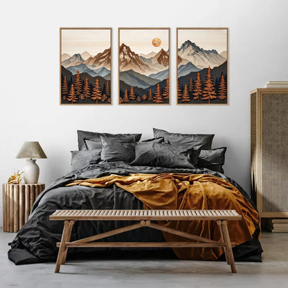 HLNIUC Large Boho Mountain Framed Canvas Wall Art Set,Woodcut Style Mountain Wall Decor,Vintage