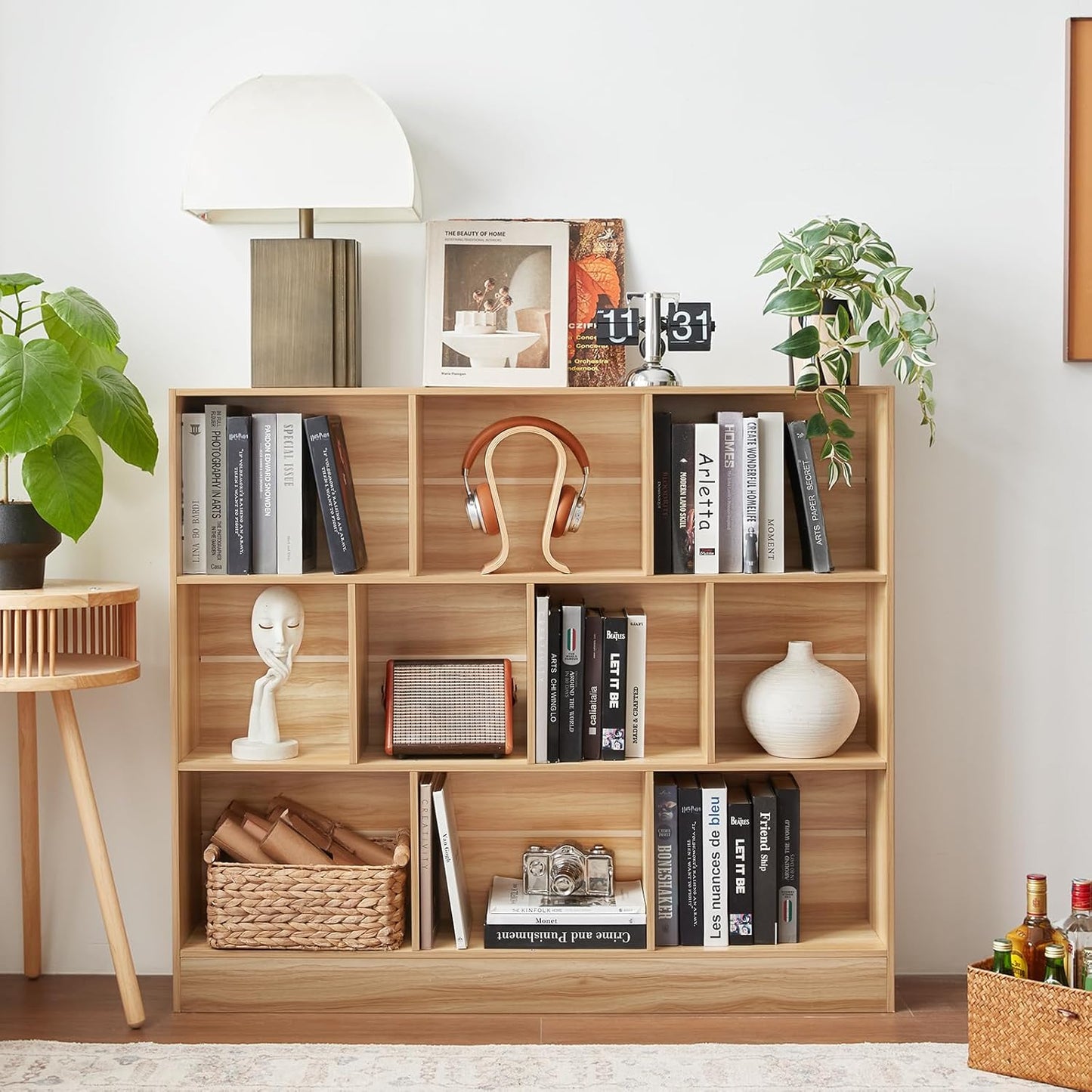 LEYAOYAO 10 Cube Bookshelf with Base,3 Tier Mid-Century Modern Grey Bookcase,Standing Wide