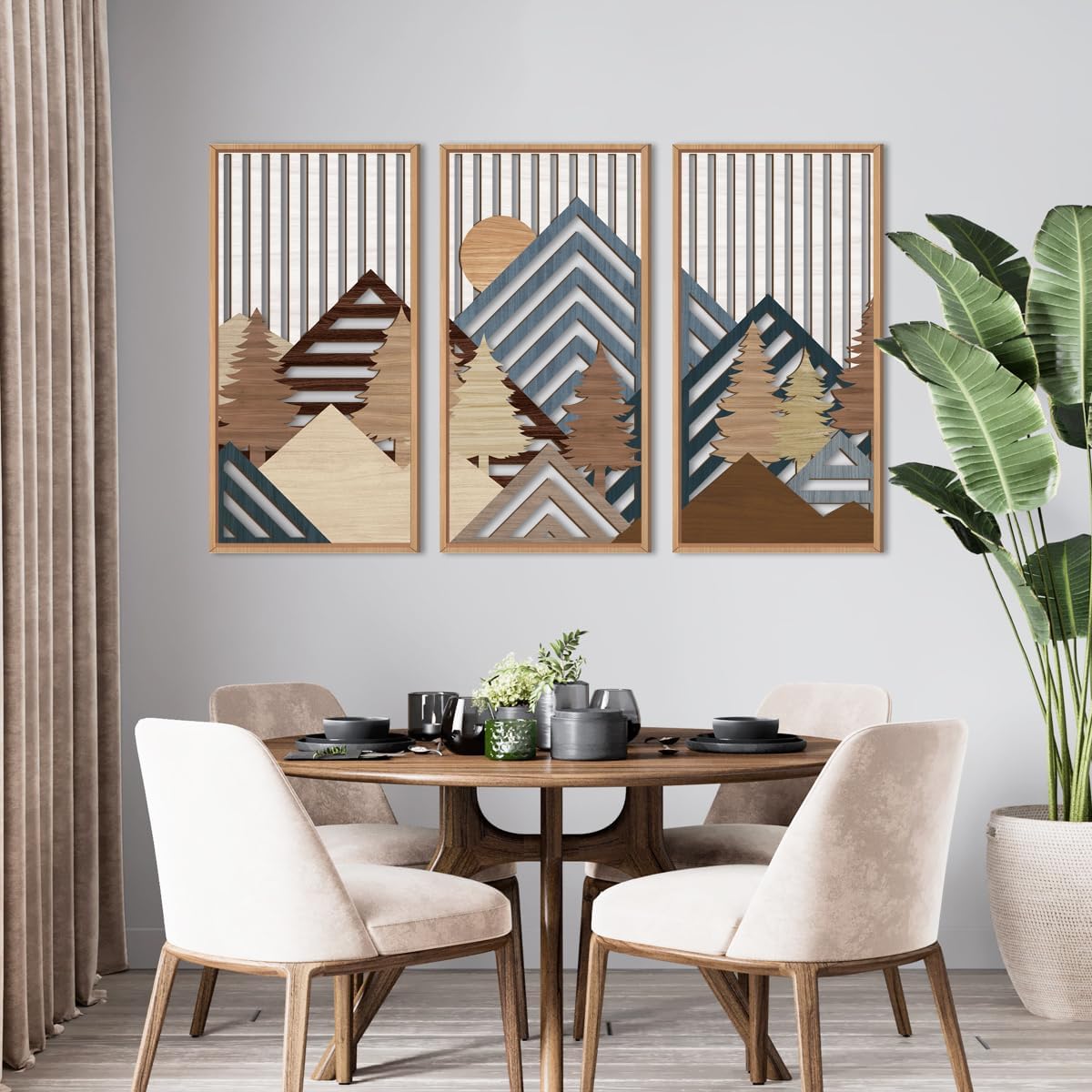 IARTTOP Large Mountain Wood Wall Art 16"x32"x3 Abstract Forest Wall Sculpture Geometric Boho Sunset