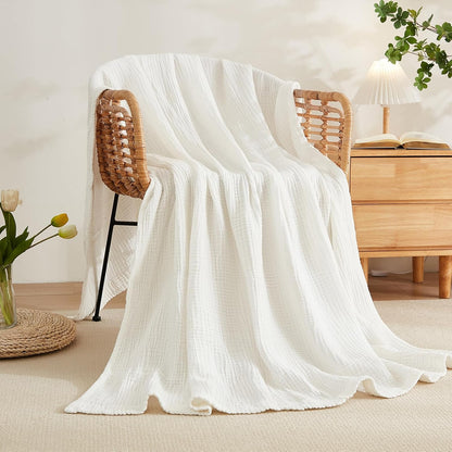 EMME Cotton Blanket for Couch Breathable Gauze All Season Soft and Lightweight Muslin White Throw