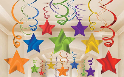 Rainbow Party Star Swirl Decorations, Rainbow Foil Ceiling Hanging Swirl Decorations with Star