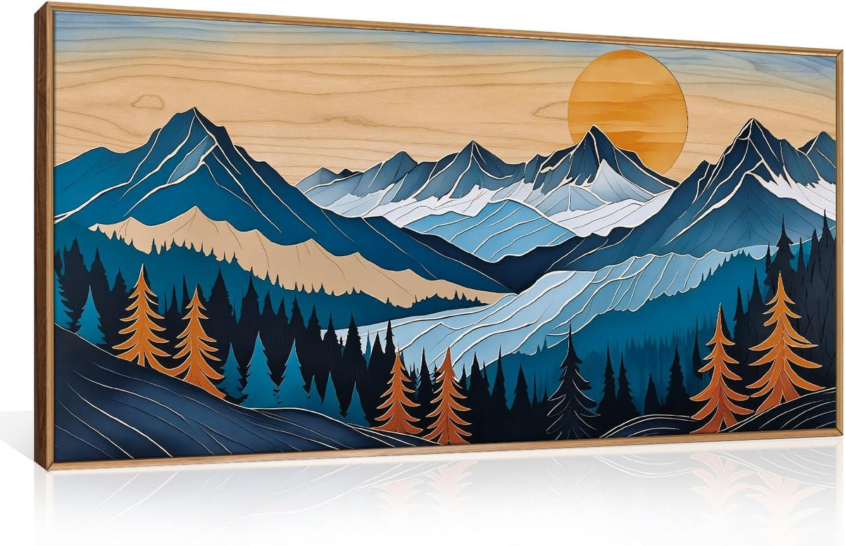 Blue Woodcut Mountain Framed Canvas Wall Art Set, Boho Abstract Ridge Wall Decor, Pine Tree