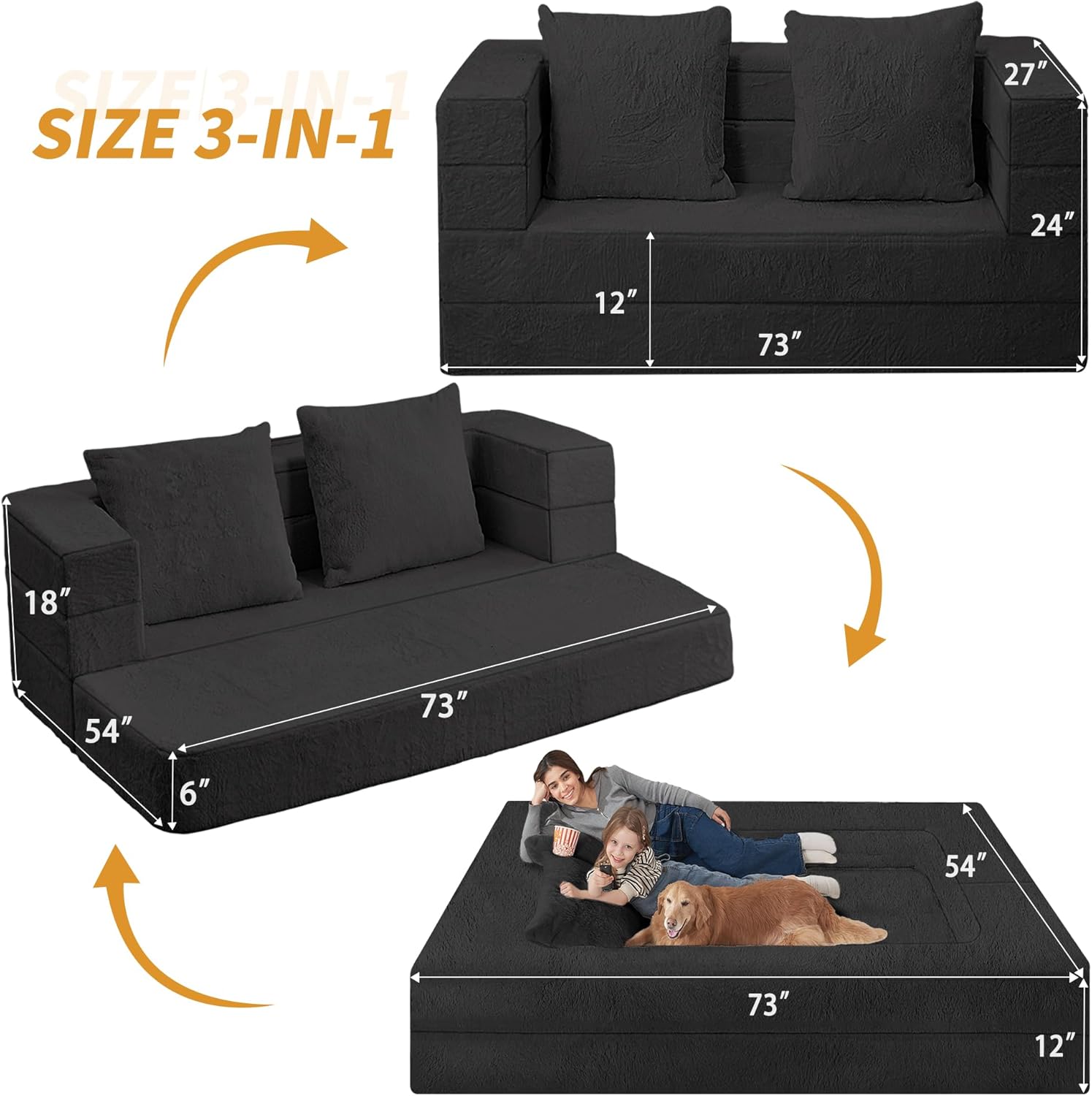 Folding Bean Bag Chair for Adults,3-in-1 Bean Bag Couch Faux Fur Floor Sofa Large Beanbag