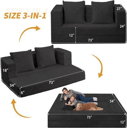 Folding Bean Bag Chair for Adults,3-in-1 Bean Bag Couch Faux Fur Floor Sofa Large Beanbag