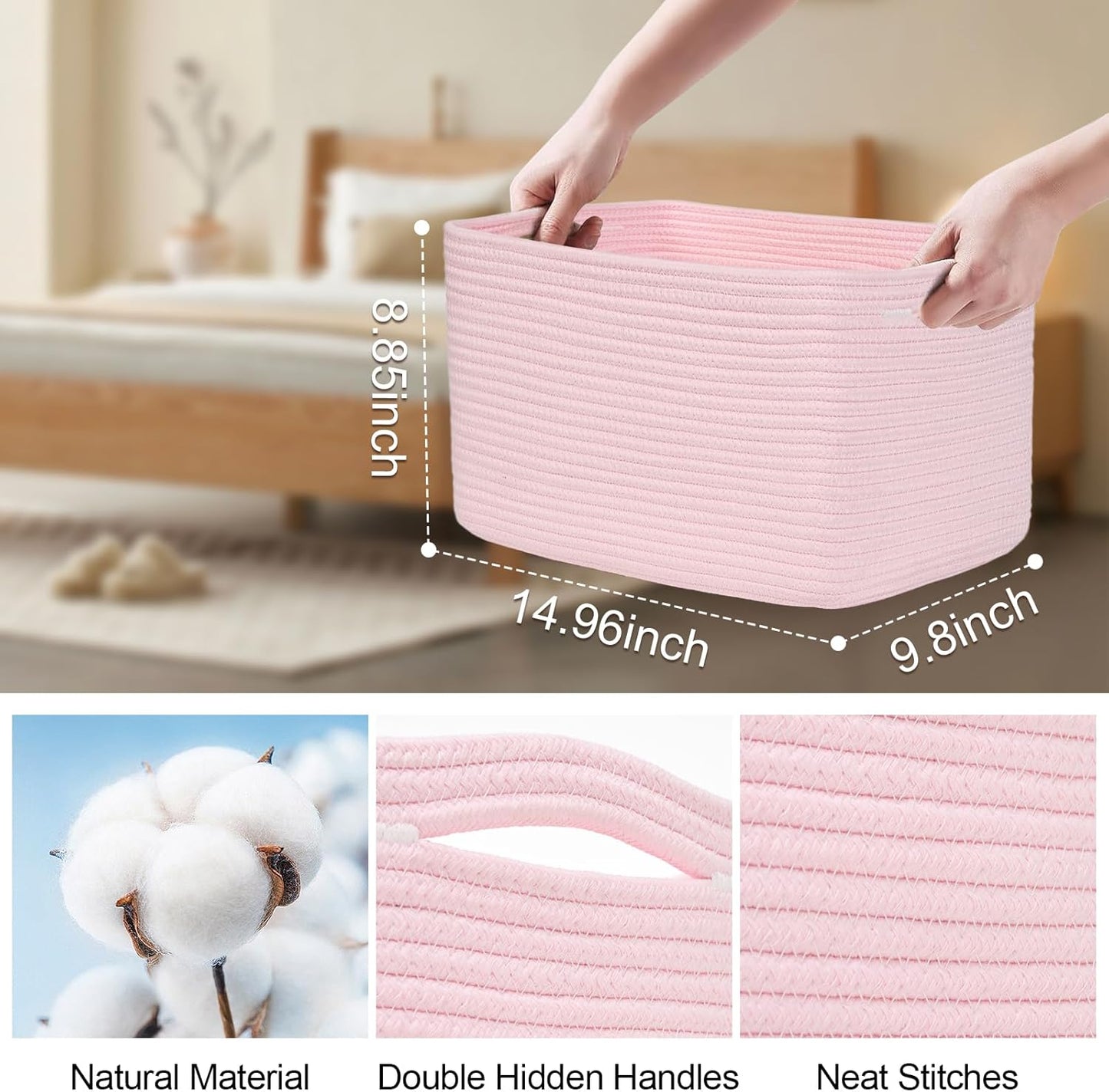 3-Pack Shelf Baskets for Organizing, Woven Storage Basket for Shelves, Cotton Rope Storage Bins for